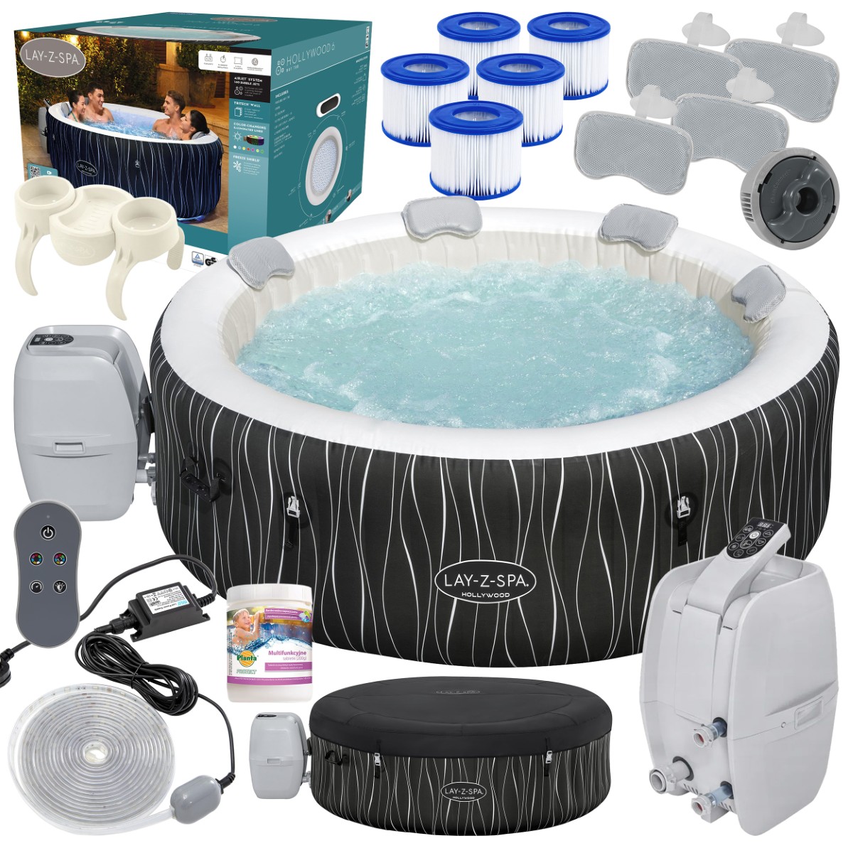 Zestaw dmuchanego jacuzzi Bestway Lay-Z-Spa Hollywood AirJet wraz z akcesoriami. Dmuchane SPA, pompa filtrująca, pokrywa, system oświetlenia LED, poduszki, filtry, dozownik chemii, panel sterowania, opakowanie, środki chemiczne.